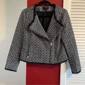 J. Crew black and white tweed moto style lady blazer jacket gold zipper hardware